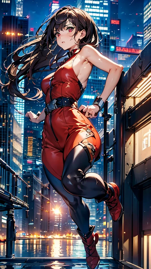 (masterpiece, best quality), intricate details, 8k, artstation, wallpaper, official art, splash art, sharp focus,, 1girl, long hair, twin tails, red eyes, brown hair, ,red jsuper jumpsuit  , skyscrapers, night city, buildings, cars, street, jumping in the air