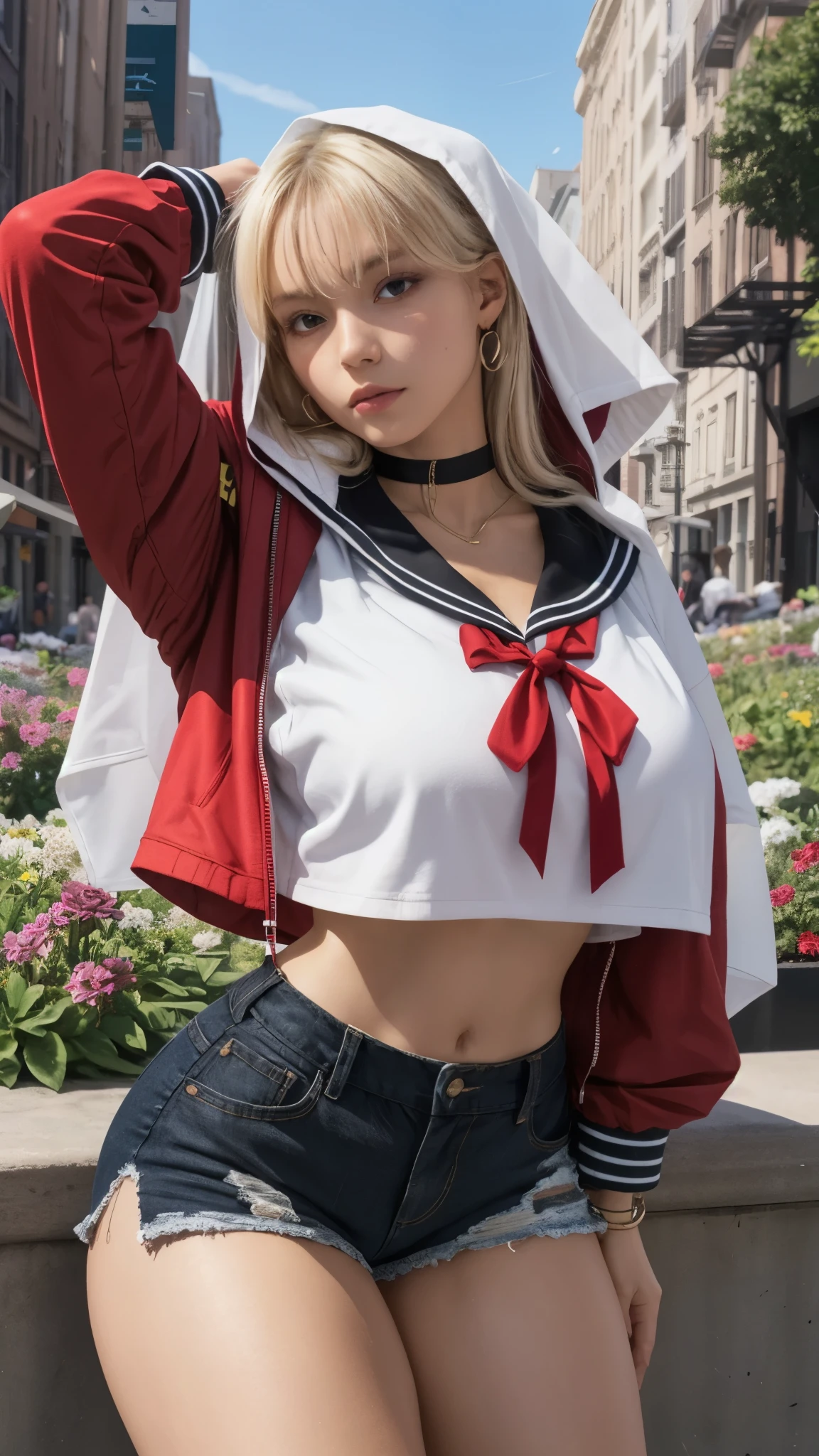 girl, head tilt, hip tilt, raised one arm, crop top, open cropped (red) jacket, gigantic breasts, shorts, detailed face, looking at viewer, long hair, veil, thighs, choker, blonde hair, sailor collar, ribbon details, hoodie, white hair, city garden, gorgeous light and shadow,