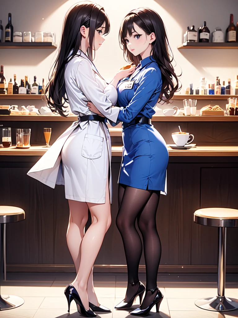 (masterpiece:1.3),(best quality, highest quality),((Full Body Shot,Including face)),(1girl:1.2),4K,masterpiece,((Focus on the face)),((Symmetrical facial features)),Beautiful woman,slender,Beautiful feet,((nurse服、Blue Shirt,skirt,Black High Heels,Black Garters,Tockings)),Detailed depiction of the face(Café Bar:1.5),Panty shot,(nurse:1.2),(White long coat,Name tag、Ballpoint pen)、During meals