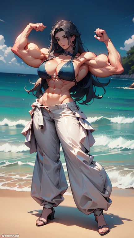 Extremely beautiful muscular woman, she looks like ((((Taneth Montero)))), slender yet powerful and muscular body, excellent muscle definition, fullbody view, wearing look-through baggy pants and bikini top, posing on the beach, super shredded muscles without any body fat