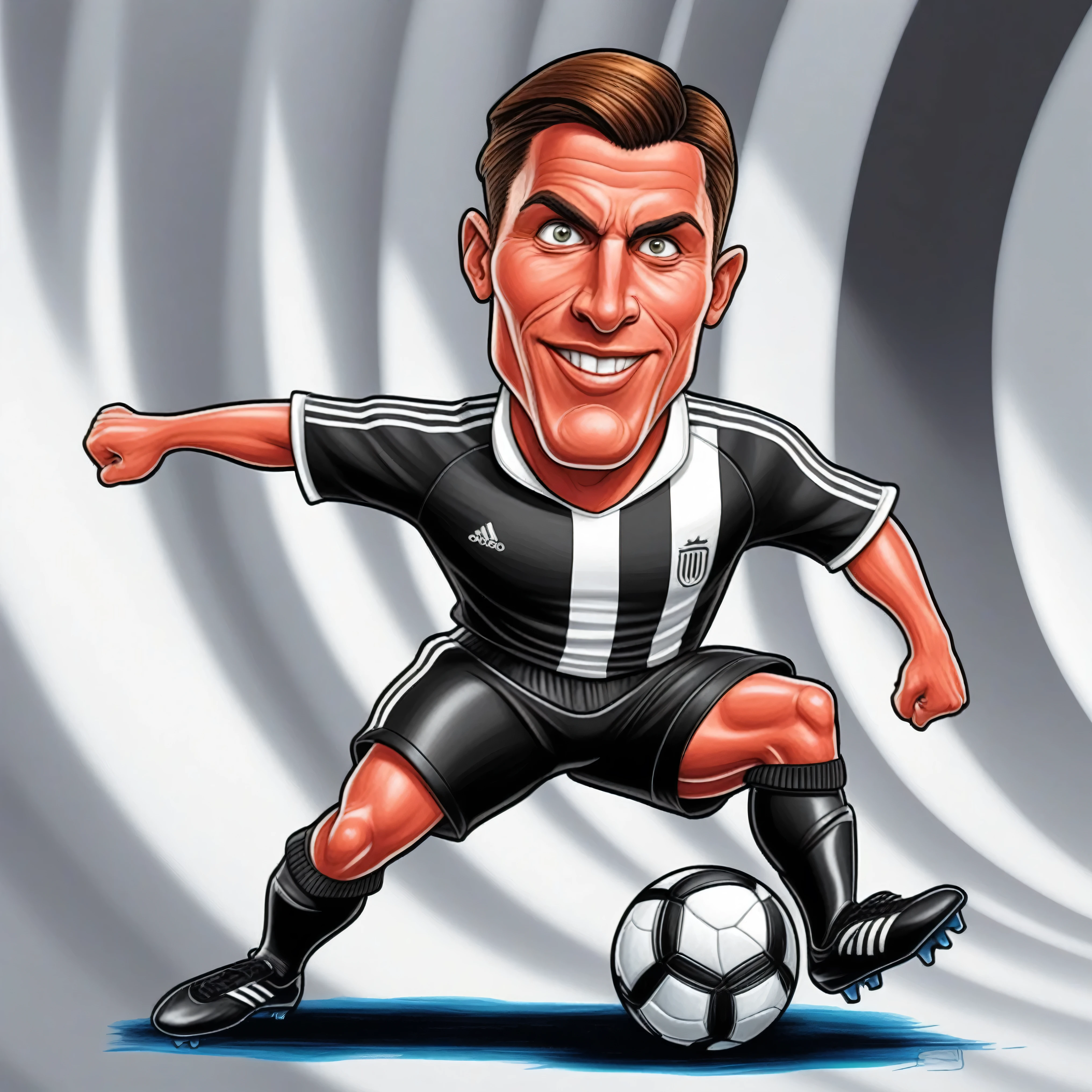 Cartoon soccer player with concentrated expression, short styled hair, wearing a black and white striped shirt and shorts, black socks and boots, assuming a dynamic pose while kicking a soccer ball, against a dramatic background of curved gray and white stripes. Lighting highlights the intensity and action of the scene, creating an energetic and athletic atmosphere.