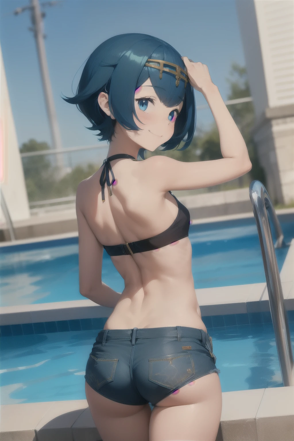 Anime style, 1 girl lana ,  girl , childbody ,solo , short blue hair , flat chest ,  smug face smile , blush, sexy micro shorts jeans , nádegas . Back , de costas  ,pool , shorts jeans 