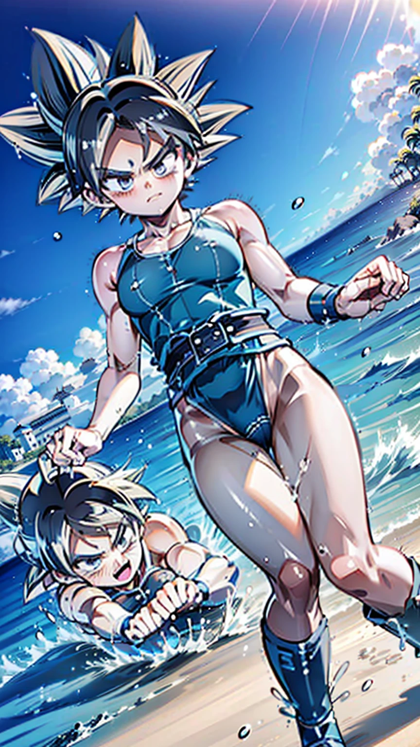 DRAGON BALL,kamehame_wave,kamehameha_kamehame_ha,tone,/(kantai_collection/),(((Having fun splashing around in the water at the beach))),in uniform,twintail_hair,closed_one_eye