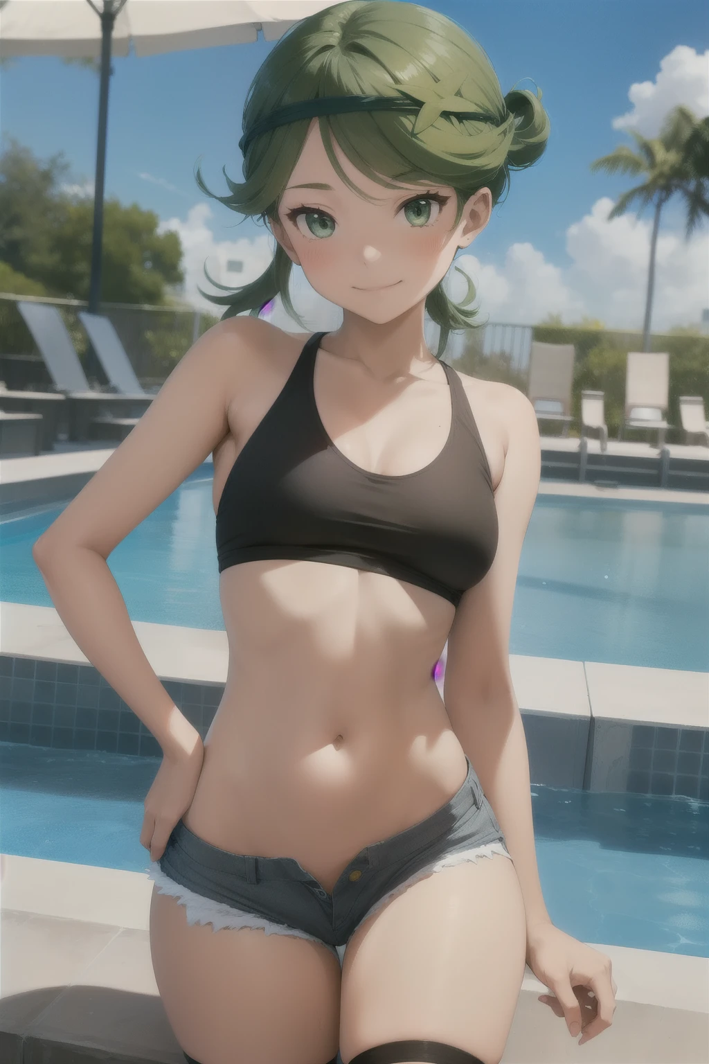 Anime style, 1 girl ,mallow , young girl , shi  body ,solo , green hair , flat chest ,  smug face smile , blush, sexy micro shorts jeans , nádegas . Back , de costas  ,pool , shorts jeans 