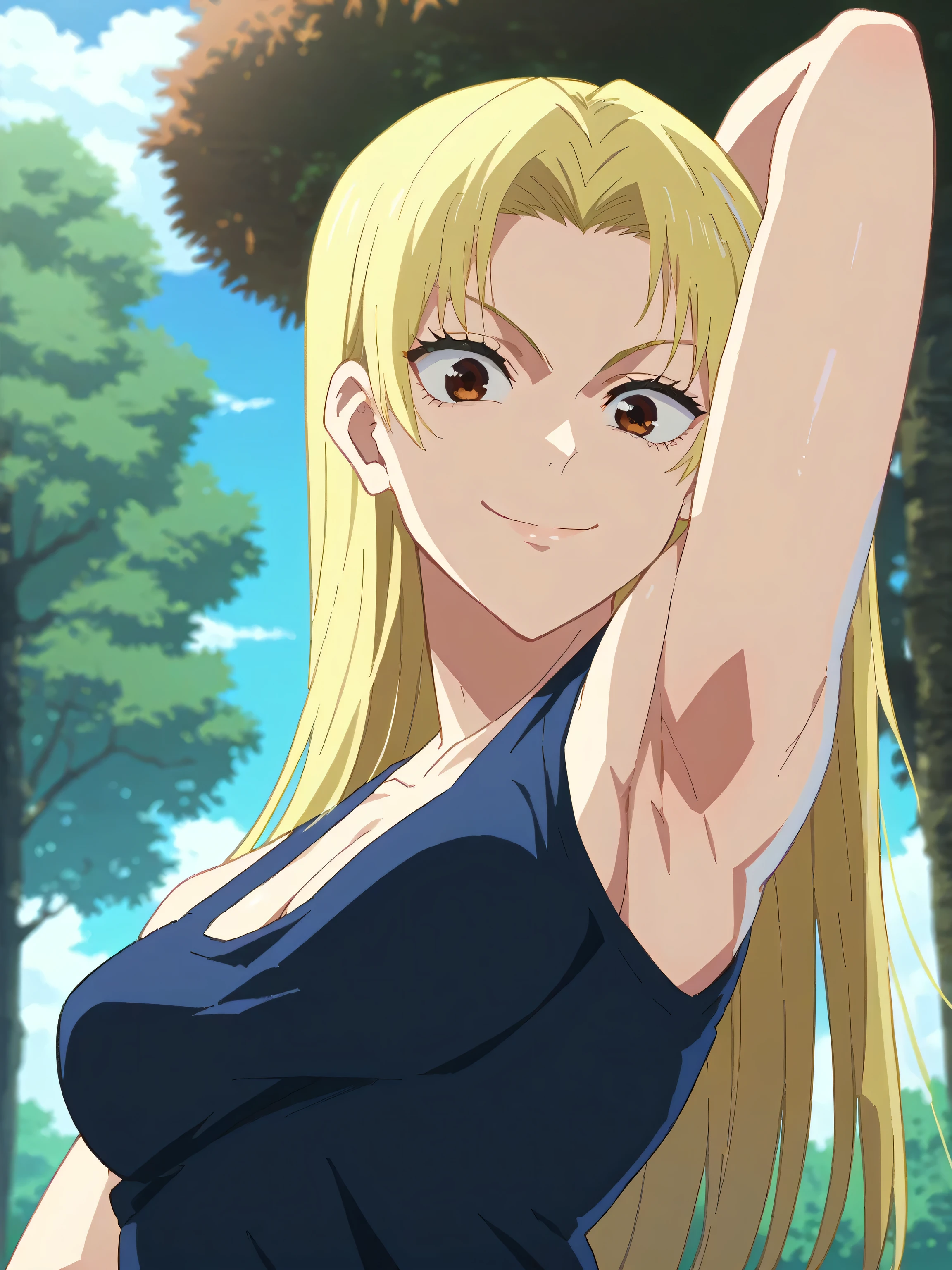 score_9, score_8_up, score_7_up, source_anime, anime screencap, 1girl, solo, outdoors, day, tsukumo yuki, brown eyes, blonde hair, long hair, medium breasts, tank top, dark blue tank top, cleavage, bare shoulders, bare arms, looking at viewer, eye contact with viewer, head towards viewer, smile, (smug:0.9), closed mouth, arm behind head, armpit, armpit up close, close-up of armpit, from side, from below, jujutsu_kaisen_style