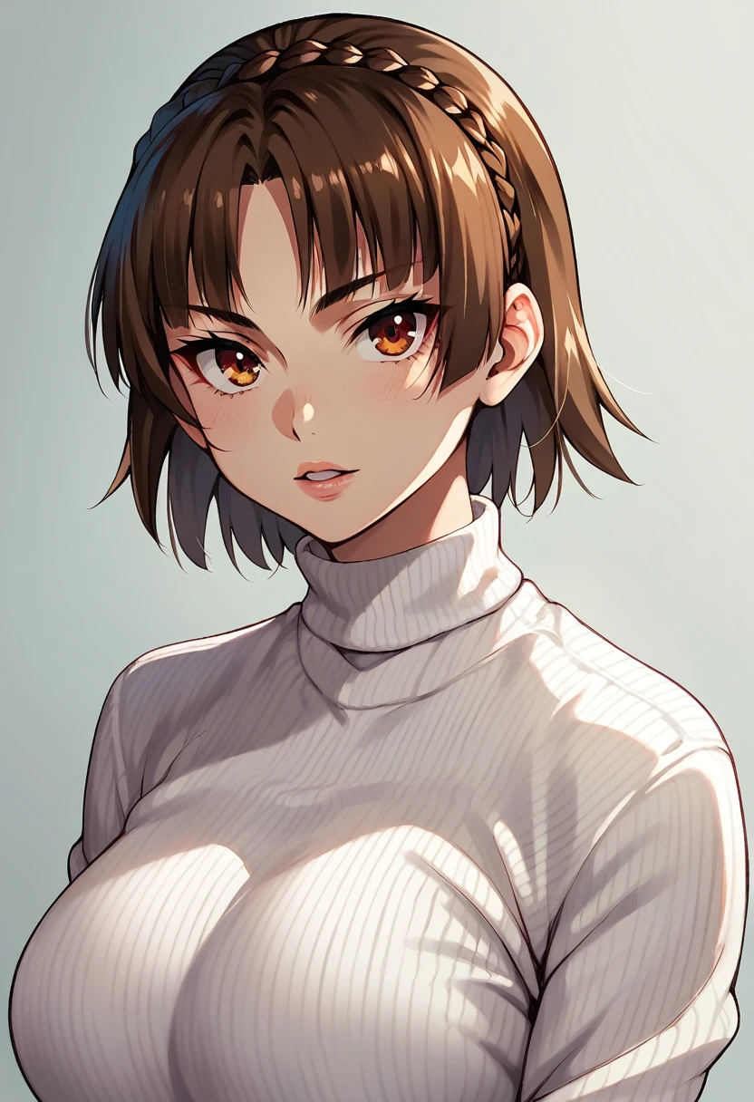 score_9, score_7_up, 1girl, solo, (niijima makoto):0.7, portrait, white sweater, looking at viewer, parted lips