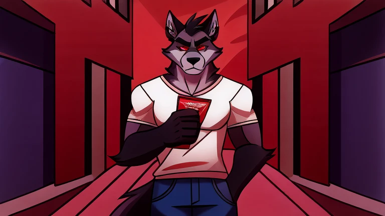 (masterpiece, best quality:1.2),  Vortex male hellhound, black fur, wolves, furry, helluva boss, sad face, wearing blue jeans and white t-shirt with red sweatshirt, looking at a white card in his hand, full body image, hell streets background