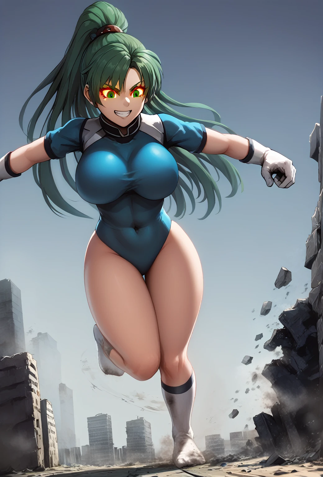 master piece, best quality, extremely detailed CG unity 8k wallpaper, ultra-detailed, detailed face, detailed eyes, 8K, front view, powerful shot, powerful effects, dynamic effects, dynamic shot, 

motion blur, speed effect, emphasis line, concentration line, dynamic pose, 

athletic curvy physique, inverted body type, attractive feminine curves, big breasts, curvy legs and arms, feminine curvy figure, (thick thighs, thick calves, thick voluptuous legs, big curvy hip, bare knees, bare thighs), ((style of plump voluptuous body)), 

white gloves, gloves, blue bodysuit, dark emperors, white over-the-calf socks, ((socks)),
green high ponytail hair, red glowing eyes, 

1 beautiful giant woman, looking down with evil smile, smirk, (running at full speed, leaning forward, spreading arms side), rampage, destroying city, destroying buildings, corrupted buildings, running with rolling rubble dust up, scattered rubble around his steps, rampage, running with rolling rubble dust up, crushing tiny human with her foot, scattered rubble around her steps, towering, overwhelming, terrible, stepping, footprints, destruction, ruins, looming, teeth, with tiny people,

building size, defLyn, green hair, high ponytail, 