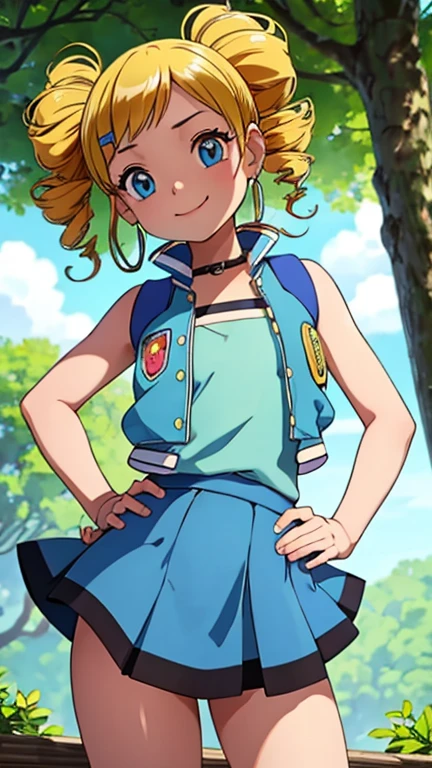 (1girl, solo, highly insanely detailed, masterpiece, top quality, best quality, highres, 4k, 8k, RAW photo),((innocent look)),((Childish)),From the front, symmetrical composition,smile,cute,Innocent,Kind eyes,Flat chest,pokemovies,forest, ppgzbb
blue eyes, blonde hair, twin drills, hairclip, earrings, vest, blue skirt, short skirt,