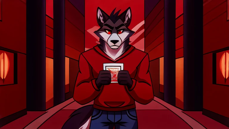 (masterpiece, best quality:1.2),  Vortex male hellhound, black fur, wolves, furry, helluva boss, sad face, wearing blue jeans and white t-shirt with red sweatshirt, looking at a white card in his hand, full body image, hell streets background