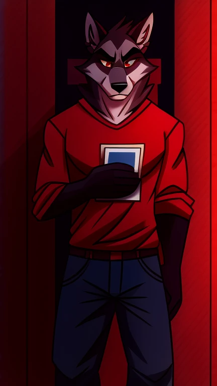 (masterpiece, best quality:1.2),  Vortex male hellhound, black fur, wolves, furry, helluva boss, sad face, wearing blue jeans and white t-shirt with red sweatshirt, looking at a white card in his hand, full body image, hell streets background