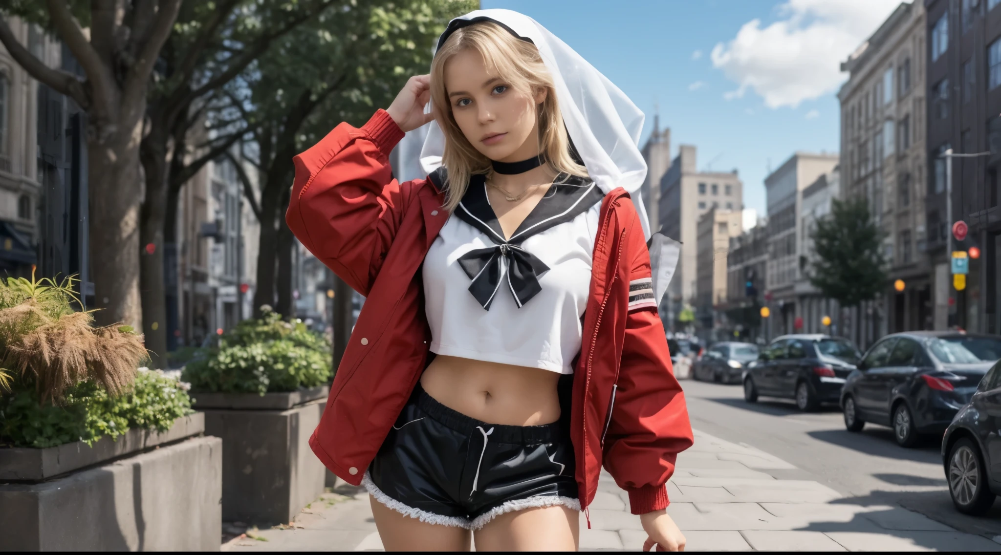 girl, head tilt, hip tilt, crop top, open cropped (red) jacket, gigantic breasts, shorts, detailed face, looking at viewer, long hair, veil, thighs, choker, blonde hair, sailor collar, ribbon details, hoodie, white hair, city garden, gorgeous light and shadow,