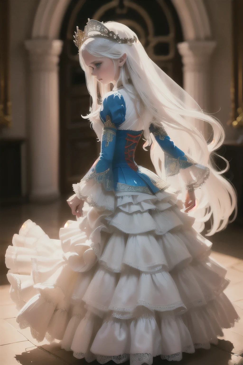 ((extremely detailed CG unity 8k wallpaper)), masterpiece, ultra-detailed, floating, high resolution, sexually suggestive, (petite, absurdly long white hair, princess, white mage, blue eyes, (ornate long white and red see through layered long dress with long detached wide sleeves and intricate embroidery), bridal veil, circlet, bridal gauntlets, blushing, shy, arched back, ruffled petticoat, ornate corset,