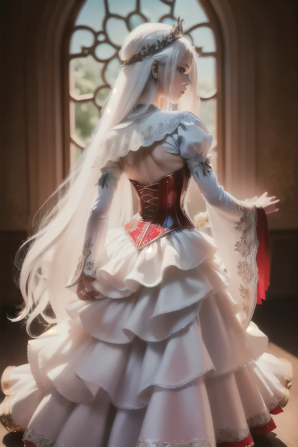 ((extremely detailed CG unity 8k wallpaper)), masterpiece, ultra-detailed, floating, high resolution, sexually suggestive, (petite, absurdly long white hair, princess, white mage, blue eyes, (ornate long white and red see through layered long dress with long detached wide sleeves and intricate embroidery), bridal veil, circlet, bridal gauntlets, blushing, shy, arched back, ruffled petticoat, ornate corset,