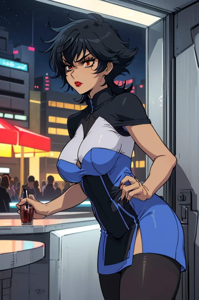 closed mouth, (20 years old), ((1girl)), ((((solo))), (((alone))), (((genderbend))), (((female))), wide hips, thick thighs, huge breast, narrow waist,  ((blue top)), ((short skin tight blue cocktail dress)), cocktail, party, ((anime artstyle)), long eyelashes, ((long black hair)), (((at night))), (red lipstick), (black eyeshadow), (in the dark)