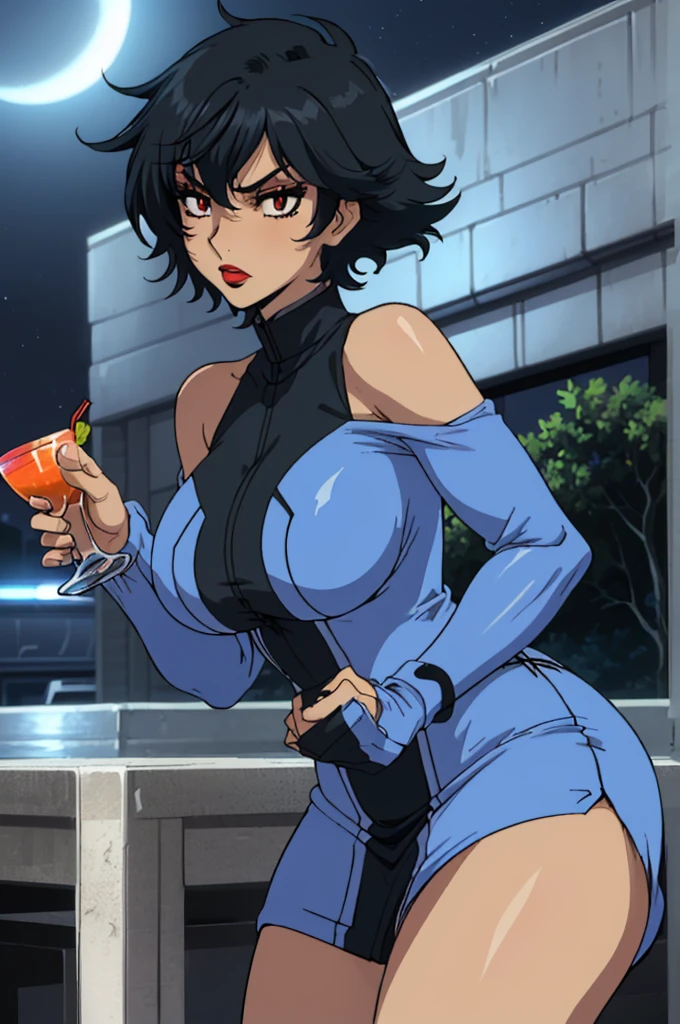 closed mouth, (20 years old), ((1girl)), ((((solo))), (((alone))), (((genderbend))), (((female))), wide hips, thick thighs, huge breast, narrow waist,  ((blue top)), ((short skin tight blue cocktail dress)), cocktail, party, ((anime artstyle)), long eyelashes, ((long black hair)), (((at night))), (red lipstick), (black eyeshadow), (in the dark)