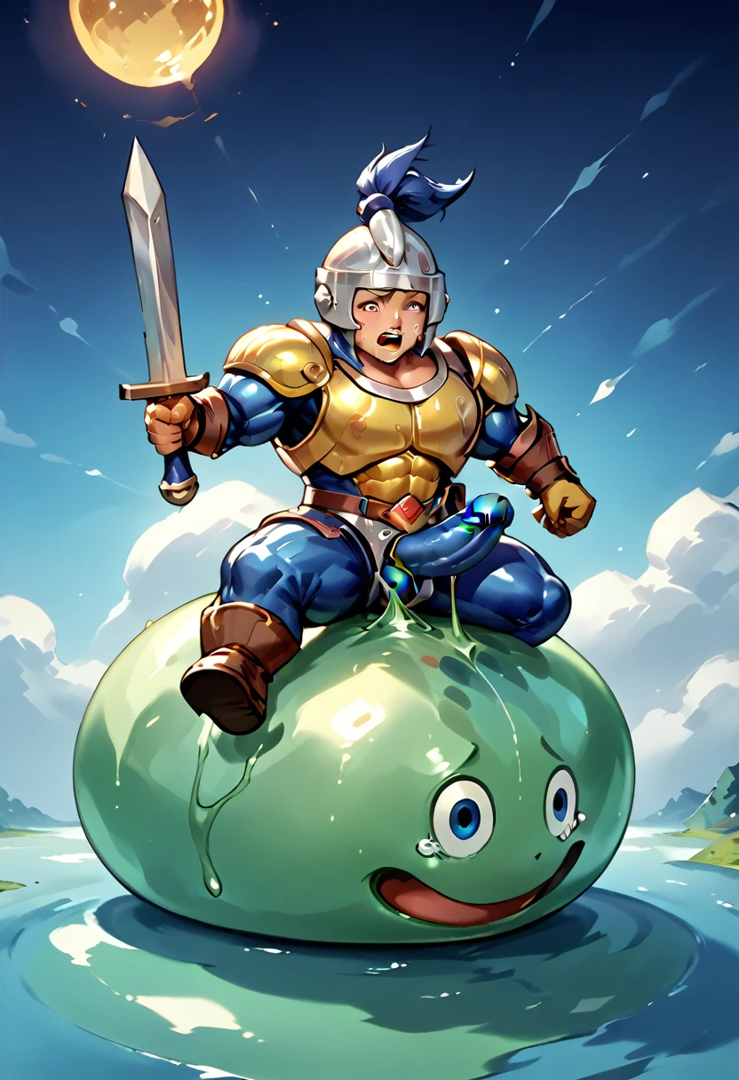 Highest quality,Huge muscles,Very huge erect penis,slime knight,young knight、Tidus impersonating Slime Knight,The face is tidus,Tidus riding on a slime,Full Color,Tidus in Armor,Massive ,Crying face