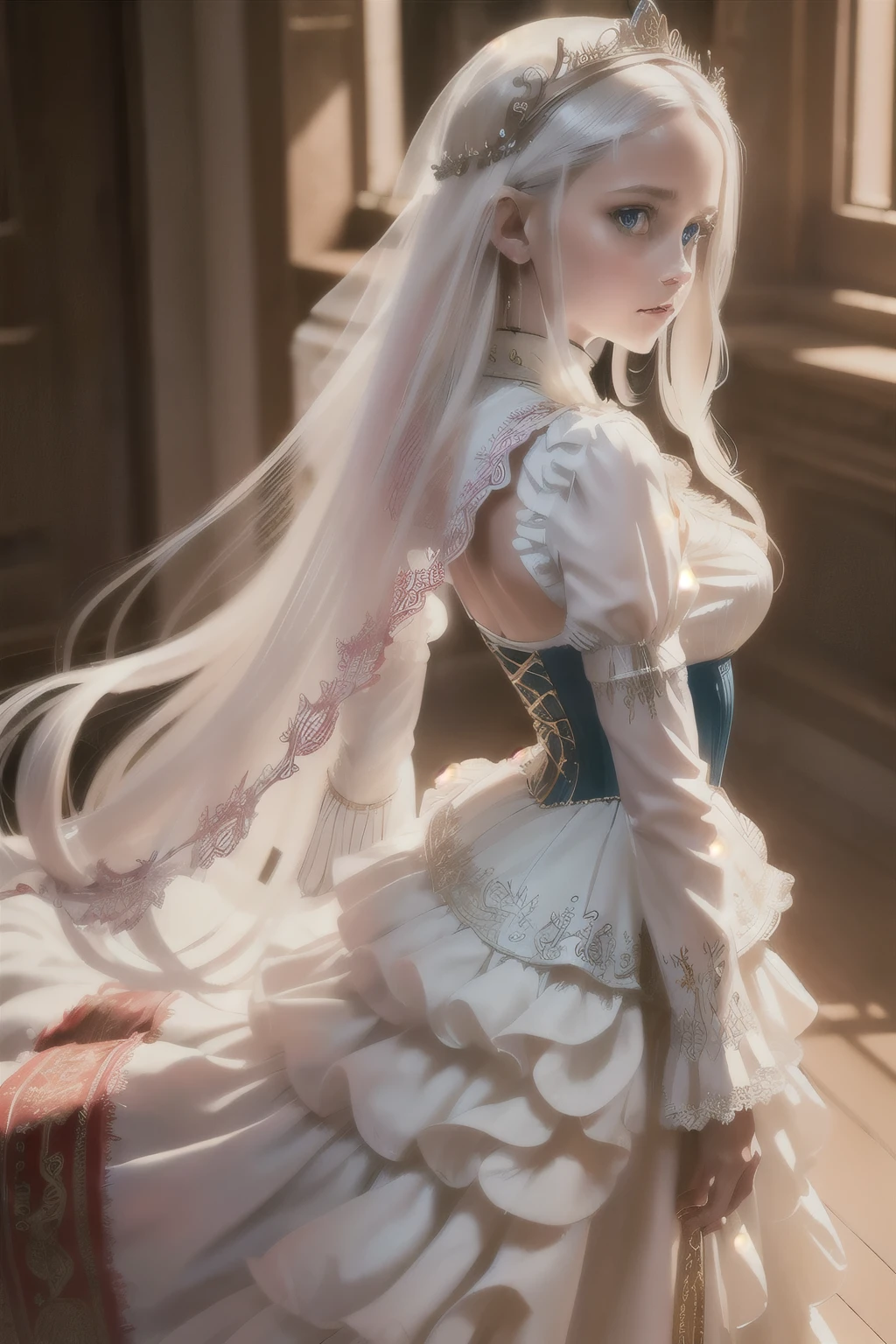 ((extremely detailed CG unity 8k wallpaper)), masterpiece, ultra-detailed, floating, high resolution, sexually suggestive, (petite, absurdly long white hair, princess, white mage, blue eyes, (ornate long white and red see through layered long dress with long detached wide sleeves and intricate embroidery), bridal veil, circlet, bridal gauntlets, blushing, shy, arched back, ruffled petticoat, ornate corset,