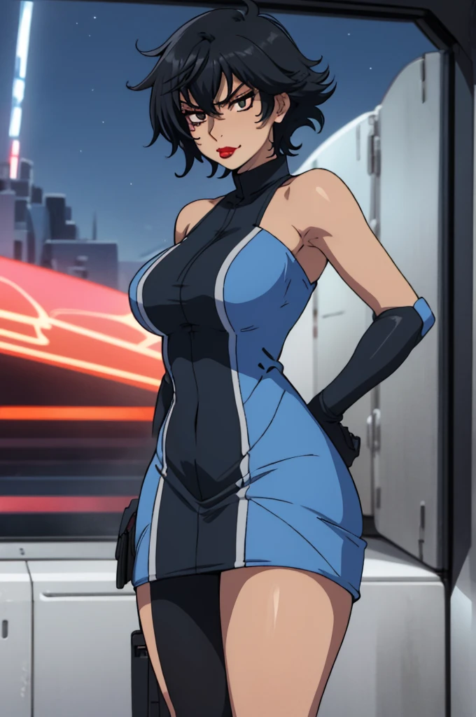 closed mouth, (20 years old), ((1girl)), ((((solo))), (((alone))), (((genderbend))), (((female))), wide hips, thick thighs, huge breast, narrow waist,  ((blue top)), ((short skin tight blue cocktail dress)), cocktail, party, ((anime artstyle)), long eyelashes, ((long black hair)), (((at night))), (red lipstick), (black eyeshadow), (in the dark), (((seductive face)))