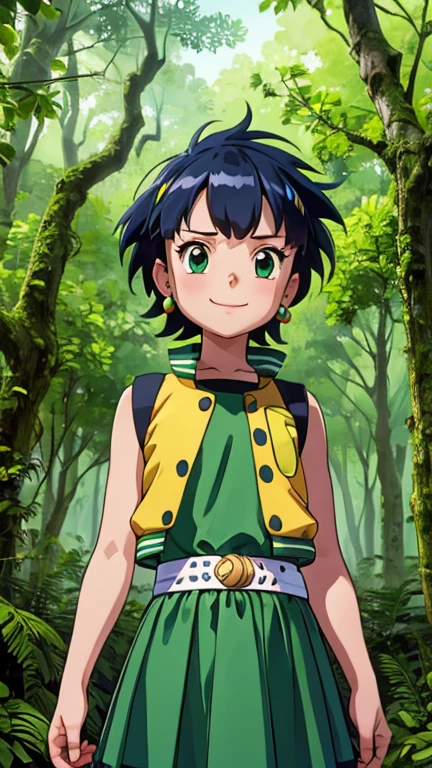 (1girl, solo, highly insanely detailed, masterpiece, top quality, best quality, highres, 4k, 8k, RAW photo),((innocent look)),((Childish)),From the front, symmetrical composition,smile,cute,Innocent,Kind eyes,Flat chest,pokemovies,forest, ppgzbtc, green eyes, short hair, earrings, yellow vest, green skirt, forest