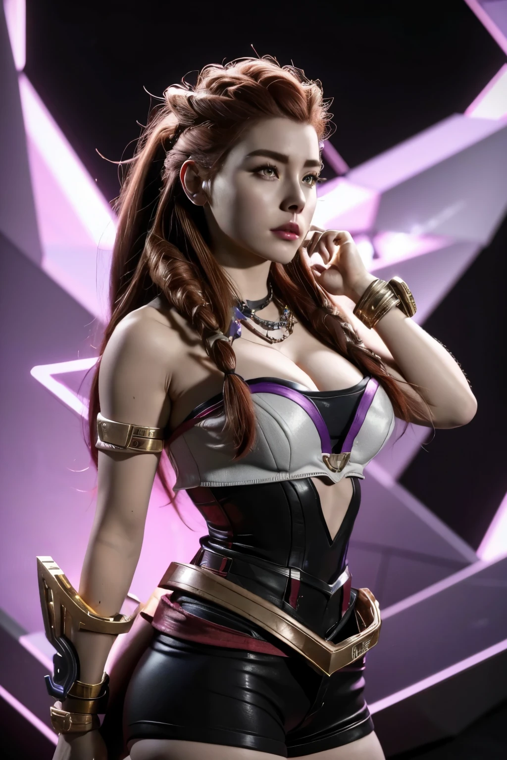 Aloy, redheadwear, KDA ahri outfit, kda ahri cosplay, neckleace, strapless, high resolution, super detaill, 8k, Overview, fully body