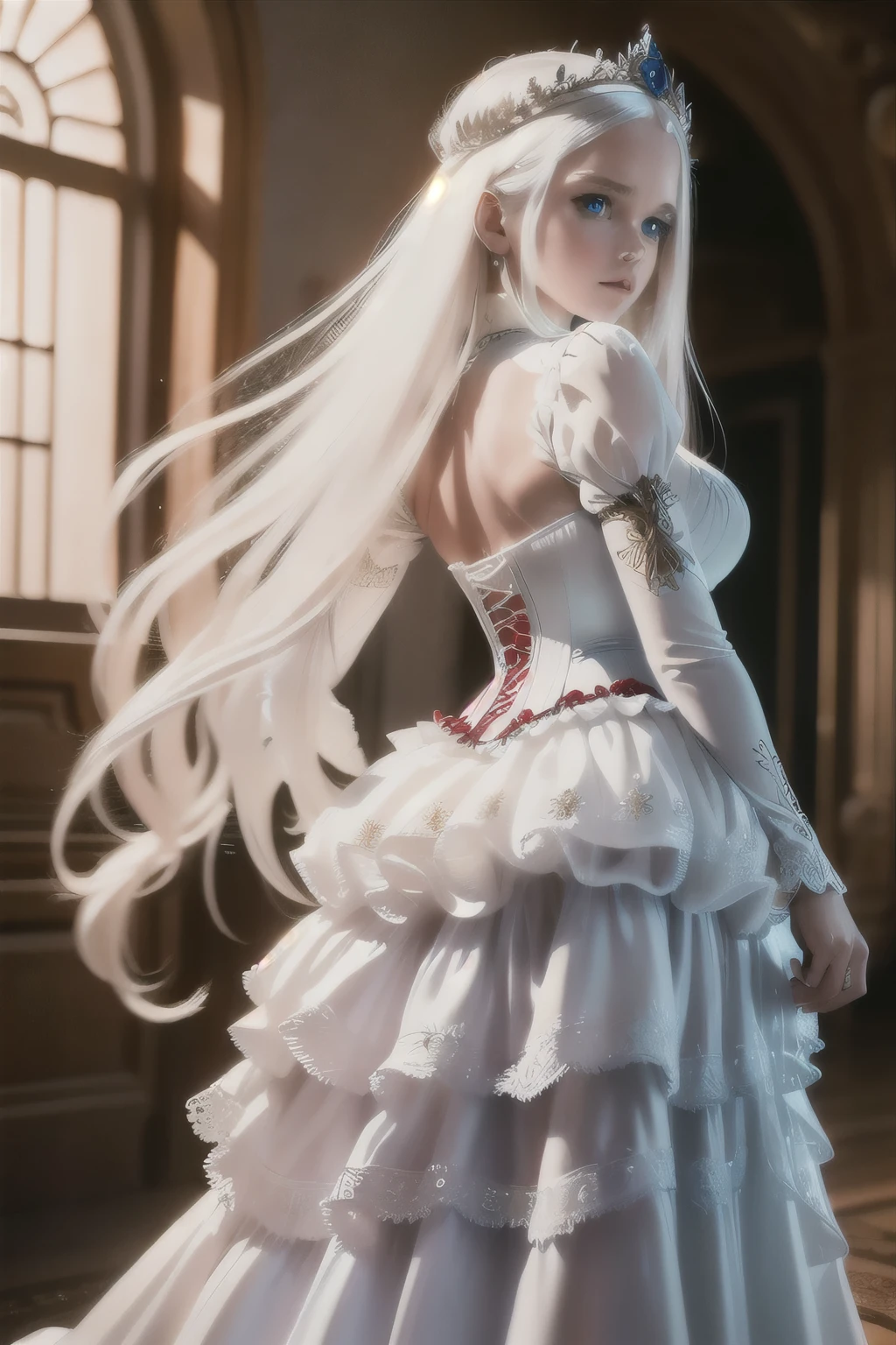 ((extremely detailed CG unity 8k wallpaper)), masterpiece, ultra-detailed, floating, high resolution, sexually suggestive, (petite, absurdly long white hair, princess, white mage, blue eyes, (ornate long white and red see through layered long dress with long detached wide sleeves and intricate embroidery), bridal veil, circlet, bridal gauntlets, blushing, shy, arched back, ruffled petticoat, ornate corset,