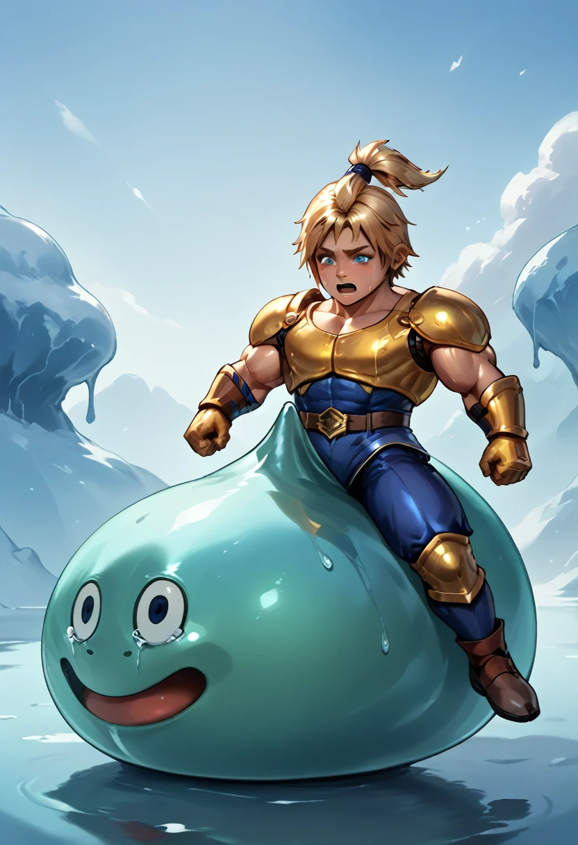 Highest quality,Huge muscles,Very huge erect penis,slime knight,young knight、Tidus impersonating Slime Knight,The face is tidus,Tidus riding on a slime,Full Color,Tidus in Armor,Massive ,Crying face