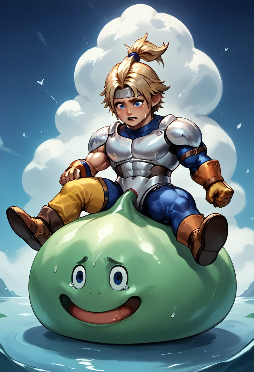 Highest quality,Huge muscles,Very huge erect penis,slime knight,young knight、Tidus impersonating Slime Knight,The face is tidus,Tidus riding on a slime,Full Color,Tidus in Armor,Massive ,Crying face