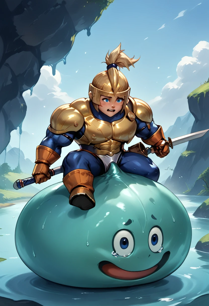 Highest quality,Huge muscles,Very huge erect penis,slime knight,young knight、Tidus impersonating Slime Knight,The face is tidus,Tidus riding on a slime,Full Color,Tidus in Armor,Massive ,Crying face