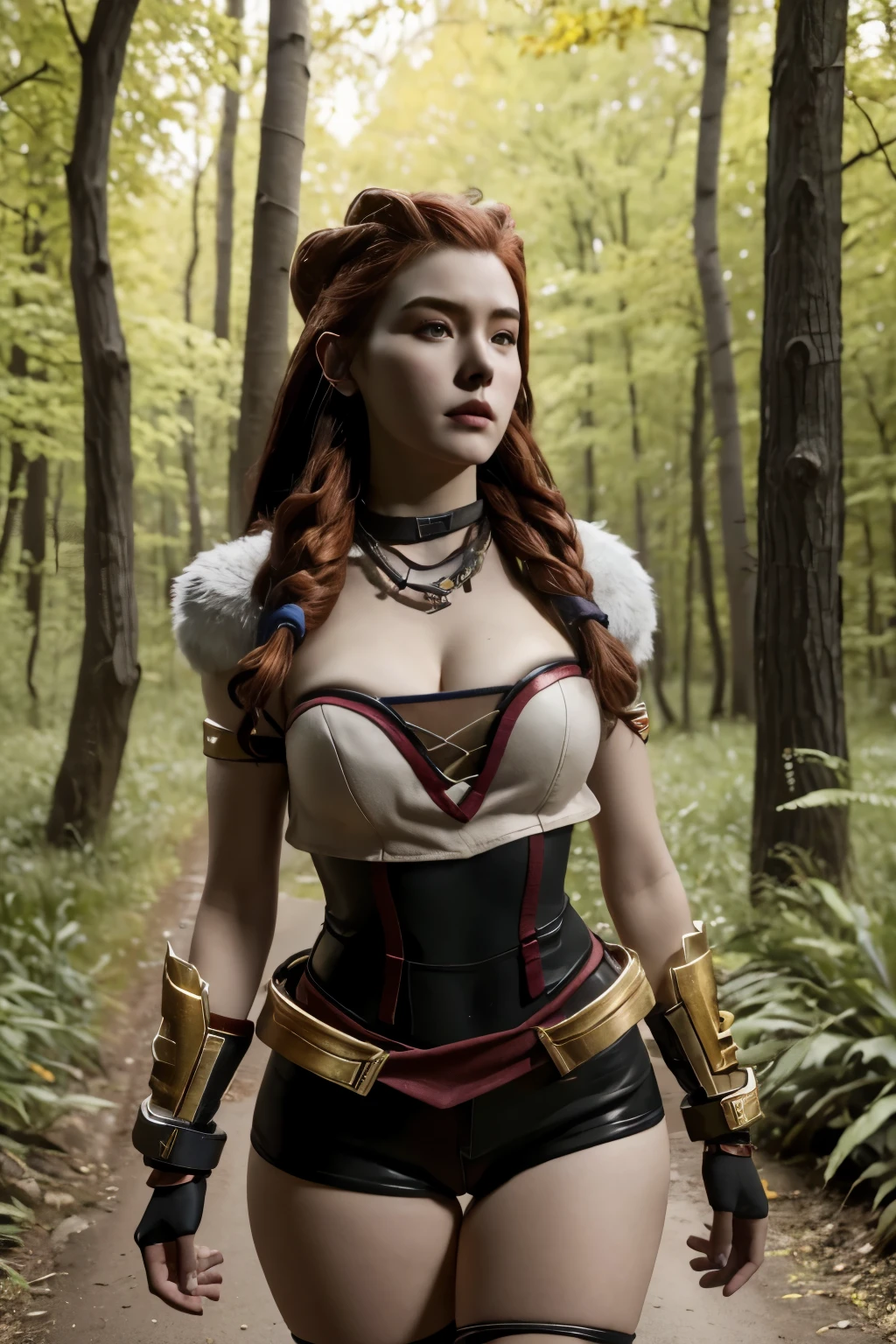 Aloy, redheadwear, KDA ahri outfit, kda ahri cosplay, neckleace, strapless, high resolution, super detaill, 8k, Overview, fully body, at a forest