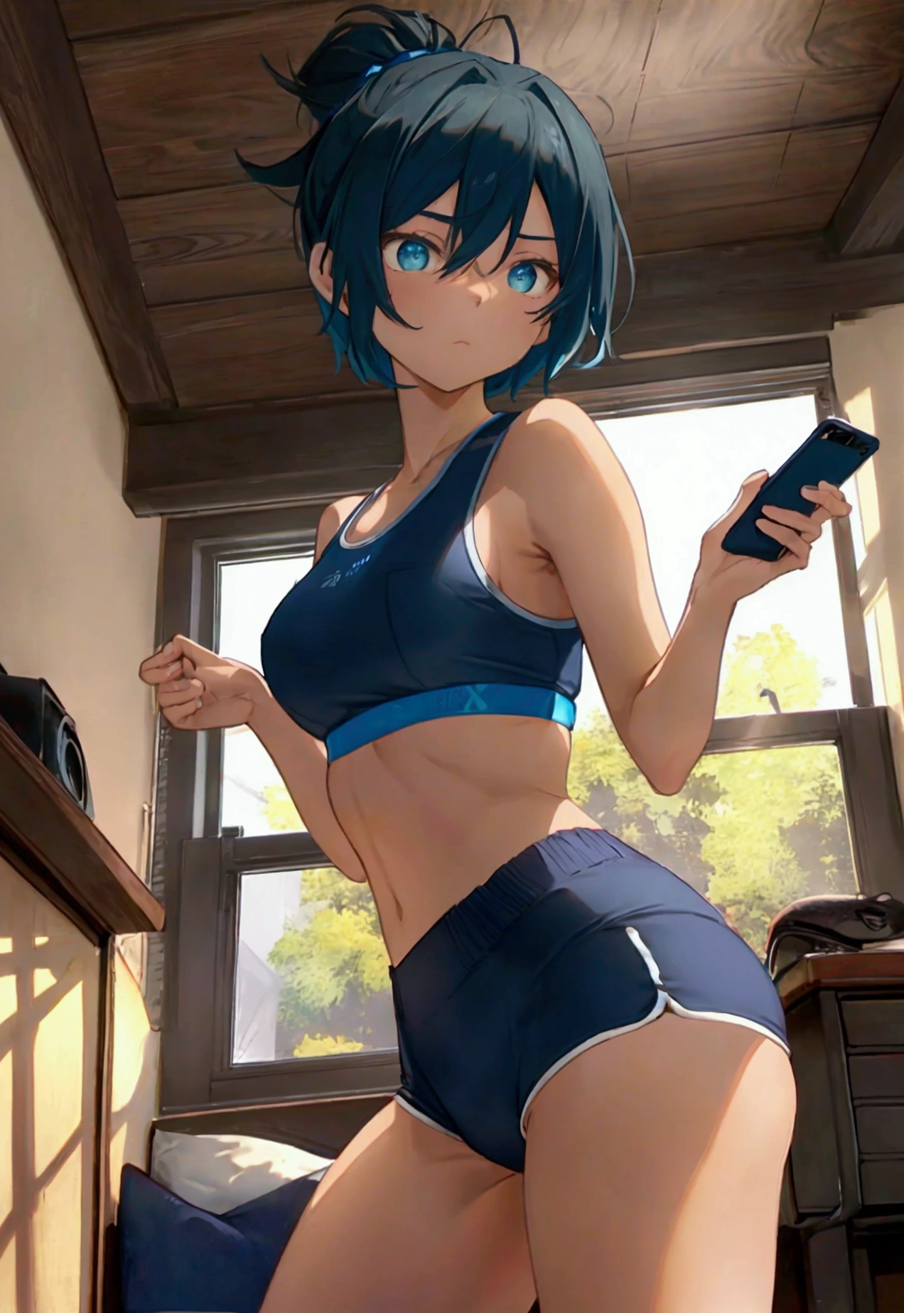 short teal dyed hair with a black headband, serious expression, form-fitting blue sports bra and navy blue athletic shorts, holding a smartphone, standing pose with body turned at an angle, looking at the camera with a focused gaze, smooth skin with a slight sheen, natural indoor background with a bed and desk, soft daylight coming from the right side, casting gentle shadows, casual and slightly intense atmosphere, low angle, sharp focus on the subject, no motion blur, well-lit overall exposure.