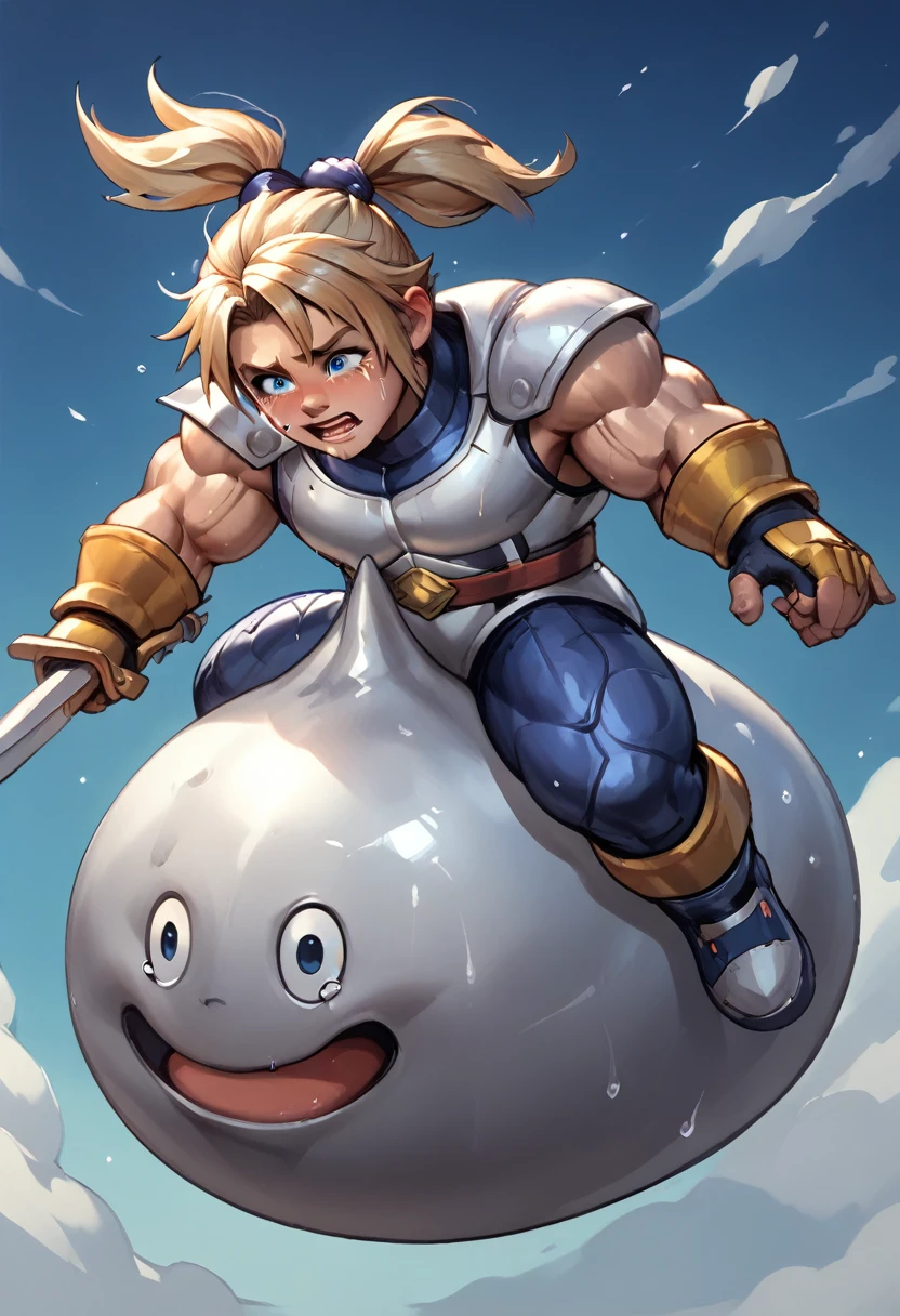 Highest quality,Huge muscles,Very huge erect penis,slime knight,young knight、Tidus impersonating Slime Knight,The face is tidus,Tidus riding on a slime,Full Color,Tidus in Armor,Massive ,Crying face