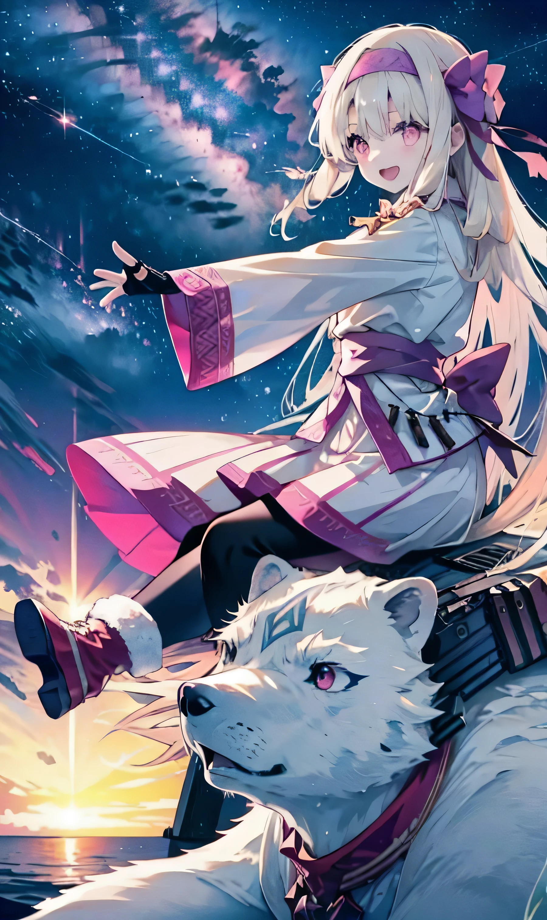 1girl, solo, sitonai, pink eyes, ainu clothes, long sleeves, fingerless gloves, wide sleeves, off shoulders, leggings, leg warmers, pretty girl, a happy smile、full body, sitting on polar bear, riding polar bear, shooting star、supernova explosion、Solar flare、Meteor、Aurora、Antarctica、Snow Scene, Beautiful background、Beautiful Eyes、Open your mouth、Hair blowing in the wind、Friendly pose、