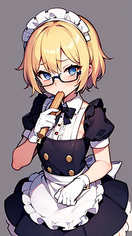 Embarrassed Femboy with short blonde hair, blue eyes, glasses in maid dress giving a blowjob