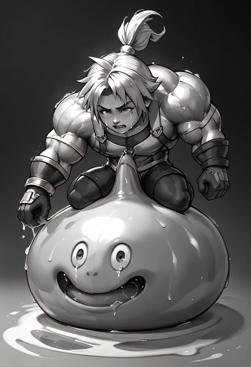 Highest quality,Huge muscles,Very huge erect penis,slime knight,young knight、Tidus impersonating Slime Knight,The face is tidus,Tidus riding on a slime,Full Color,Tidus in Armor,Massive ,Crying face