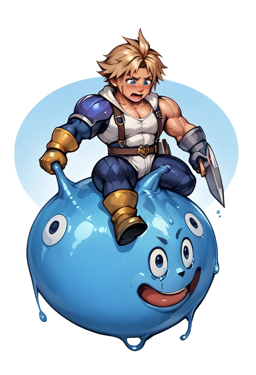 Highest quality,Huge muscles,Very huge erect penis,slime knight,young knight、Tidus impersonating Slime Knight,The face is tidus,Tidus riding on a slime,Full Color,Tidus in Armor,Massive ,Crying face