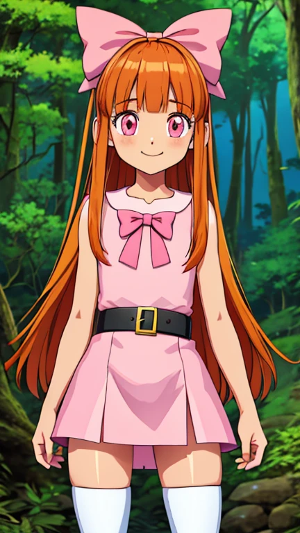 (1girl, solo, highly insanely detailed, masterpiece, top quality, best quality, highres, 4k, 8k, RAW photo),((innocent look)),((Childish)),From the front, symmetrical composition,smile,cute,Innocent,Kind eyes,Flat chest,Art Nouveau Style, ghibli style,vines, (blossom), (orange hair, long hair, blunt bangs, pink eyes)
(bow, dress, belt, thighhighs)