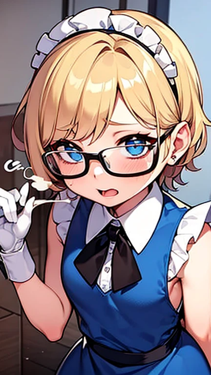 Embarrassed Femboy with short blonde hair, blue eyes, glasses in maid dress with face covered in semen giving a blowjob