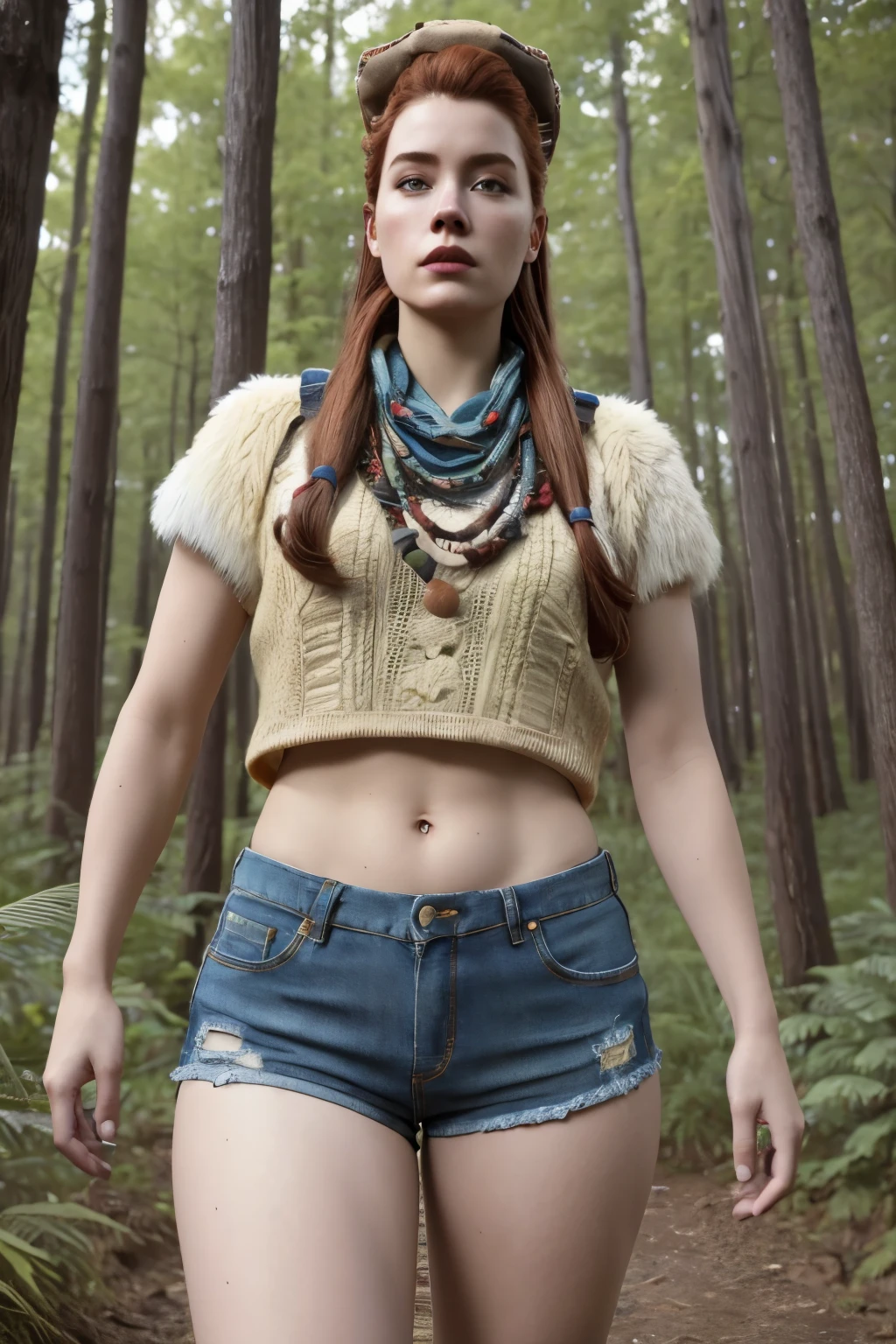 Aloy, redheadwear, Extreme Micro Denim Shorts with Open Fly, high resolution, super detaill, 8k, Overview, fully body, at a forest