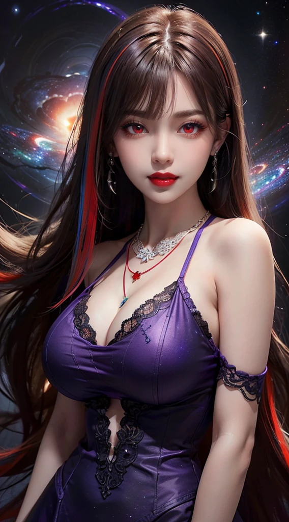 A beautiful and sexy 20 year old girl, wearing a super thin red dress, ((long hair dyed rainbow colors:1.6)), bangs, the most detailed jewelry and beautiful hair, ((wears purple lace necklace:1.6) )), Super cute small face, very pretty face, thin eyebrows, flawless beautiful face, ((black eye pupil: 0.8)), very beautiful eyes, ((red eyes pale:1.5)), beautiful makeup and detailed eyelashes, steamy eye makeup, high nose, earrings, red lips, ((closed mouth:1;5 )) beautiful lips, slim hands, most beautiful thighs, ((arms spread out to the sides: 1.5)), rosy face, clean face, flawless beautiful face, smooth white skin, (big breasts: 1.5)), ((high breasts: 1.6)), Breasts plump, beautiful cleavage, ((big and super round breasts: 1.8))), ((super tight breasts: 1.5)), beautiful breasts, back arms, beautiful girl's upper body, 8k photo, quality super high, hyper realistic, 10x super pixel, photorealistic, dark studio, light edges, two-tone bright, (high detail skin:1.2), super 8k, soft light, high quality, lighting volumetric, realistic, Photo, high resolution, light, best photo, 4k, 8k quality, blur effect, Smooth and sharp, 10 x pixels, (galaxy: 1.7), aurora, lightning, surreal graphics, most realistic graphics, alone, solo, Extremely sharp, surreal images, (((frontal portrait:1.3)))."