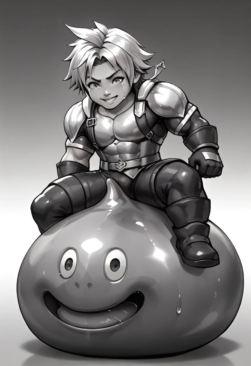 Highest quality,Huge muscles,Very huge erect penis,slime knight,young knight、Tidus impersonating Slime Knight,The face is tidus,Tidus riding on a slime,Full Color,Tidus in Armor,Massive ,Tidus is crying,Slime smiling,