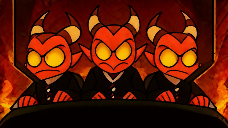 (masterpiece, best quality:1.2), Group of Imp´s, serious face, wearing a black suit and black glasses aboard a black car of infernal design, hell streets background