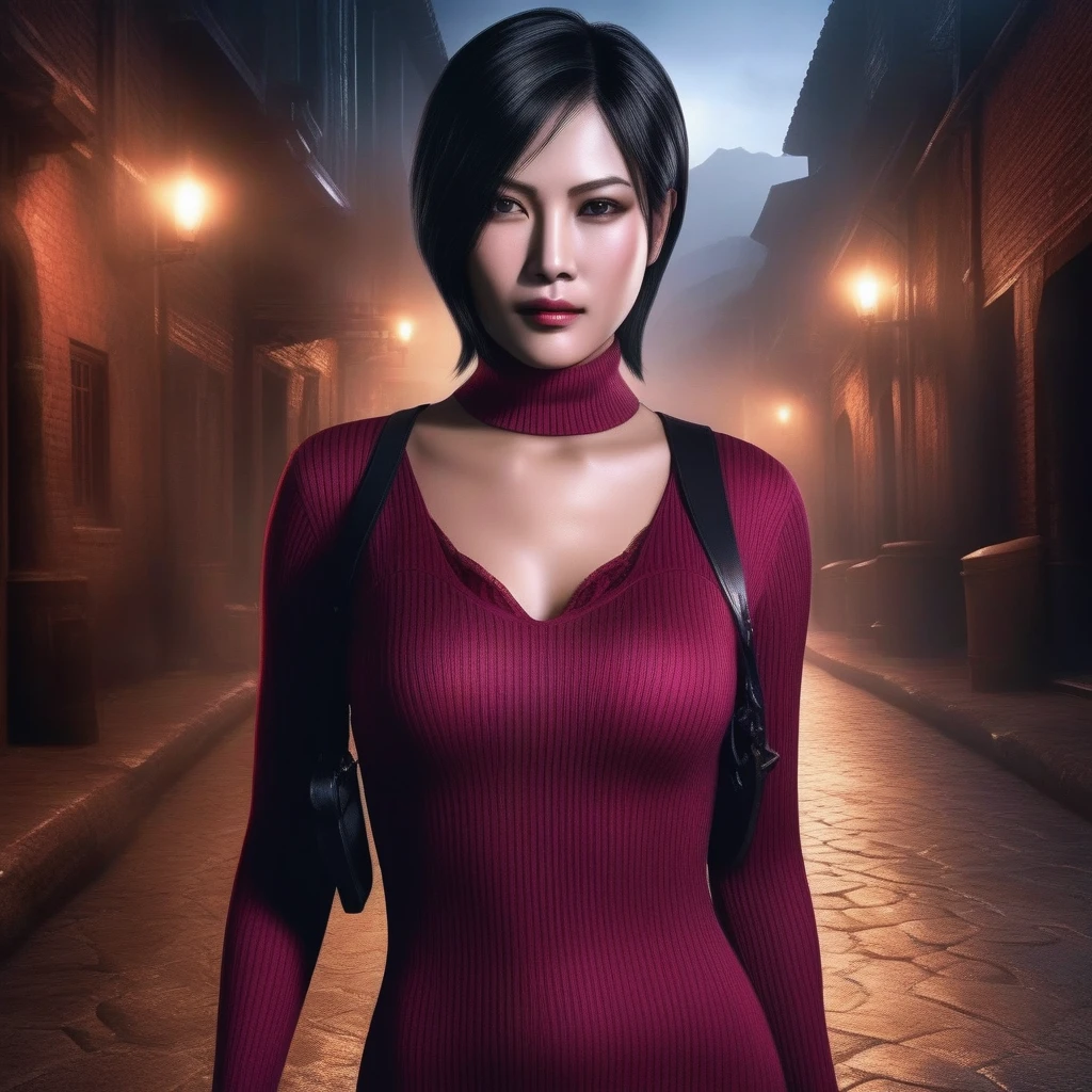 Ultra-realistic real-life 8k masterpiece, extremely detailed, of a beautiful asian woman re ada wong wearing a re4 style dress in a dark alley at night, extremely detailed facial features, dark and scary epic lighting, horror composition