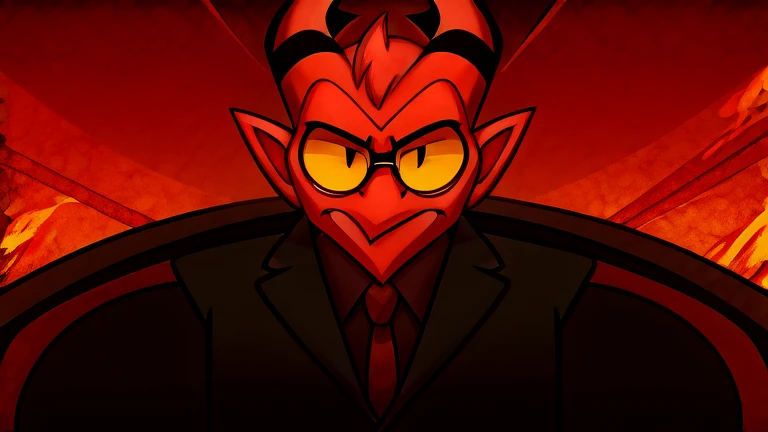 (masterpiece, best quality:1.2), Imp, serious face, wearing a black suit and black glasses aboard a black car of infernal design, hell streets background