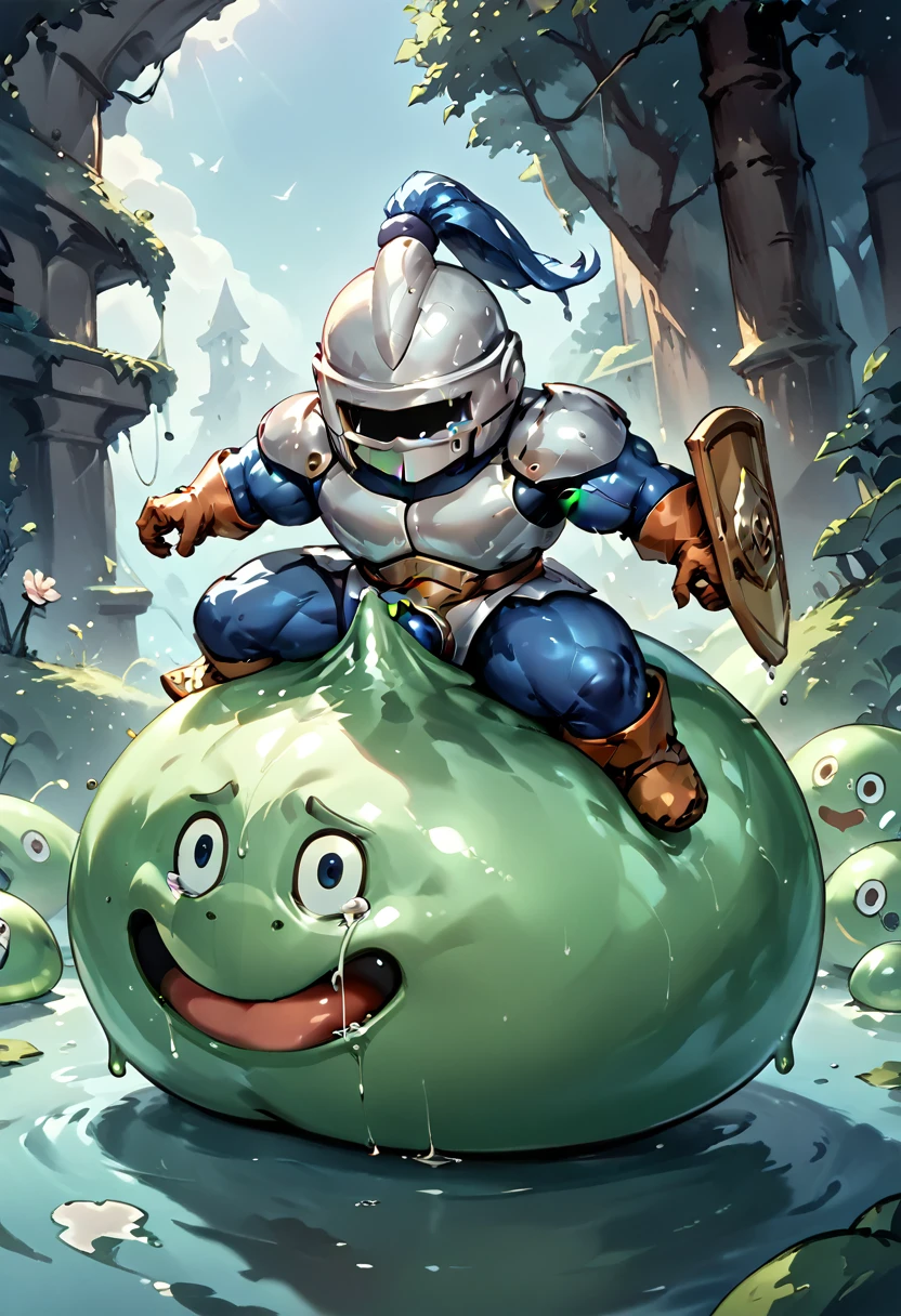 Highest quality,Huge muscles,Very huge erect penis,slime knight,young knight、Tidus impersonating Slime Knight,The face is tidus,Tidus riding on a slime,Full Color,Tidus in Armor,Massive ,Crying face