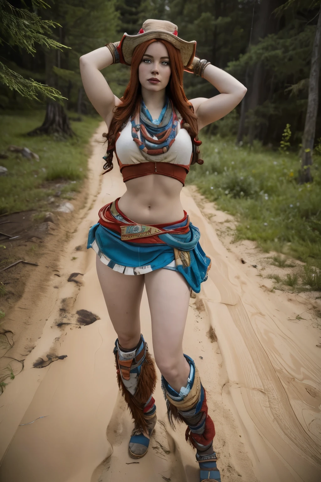 Aloy, redheadwear, Miss Fortune Pool Party, high resolution, perfectbody, super detaill, 8k, Overview, fully body, at a forest,