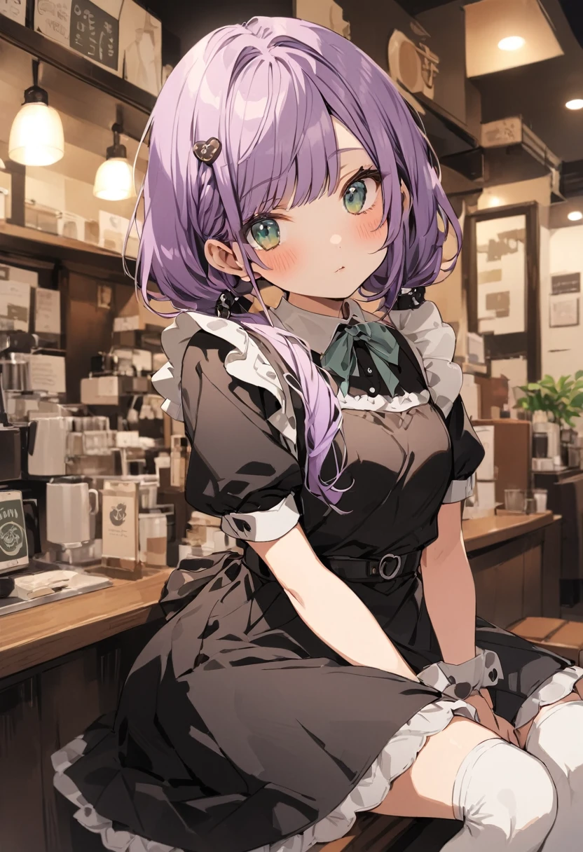 ((best quality, high resolution)), (delicate illustration), (vividcolor style illustration:0.9), (watercolor style illustration:0.4), ((beautiful:1.3)), 4k,

(((1 beautiful woman))), small breasts:0.7, dark green eyes,tareme, (blush), ((Black maid outfit, white knee-high socks,)), low-twintails Hair, pale purple hair, (((A coffee shop with a retro atmosphere.:1.3))), ((glance upward at viewer)), cowboy shot, 