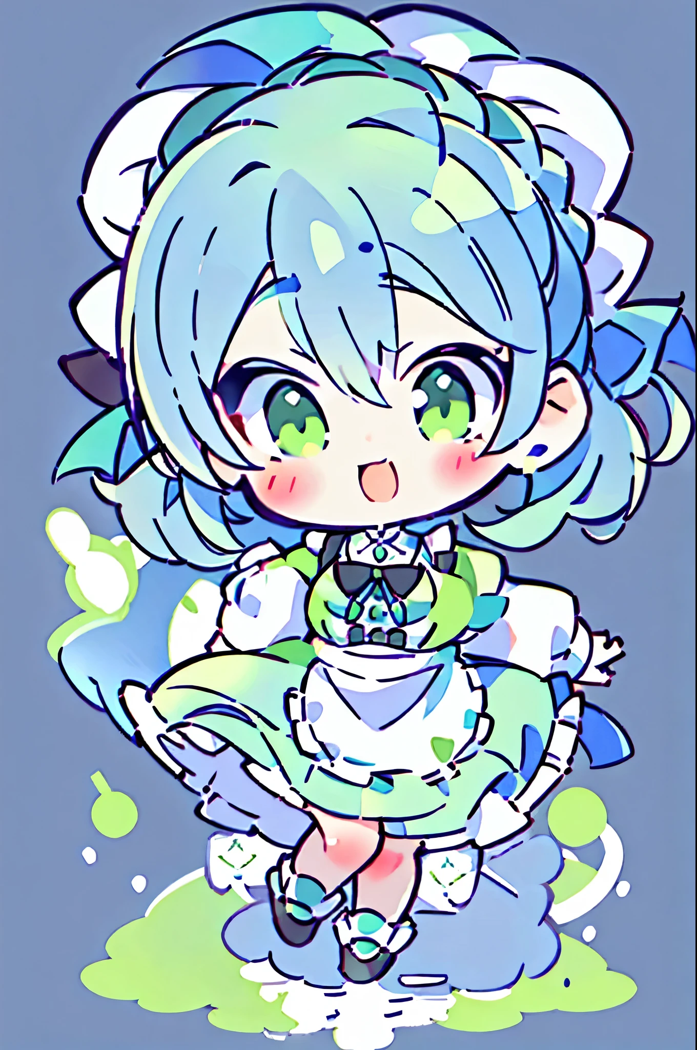 1 girl, blue hair, green eyes, (hair tied in a bun), black and white maid outfit, long puffed sleeves, black shoes, blush, ribbon, smile, mouth open, plush feet, white background, pixel art, xiangsu, xiang su, niji styleniji journey style pastel girl