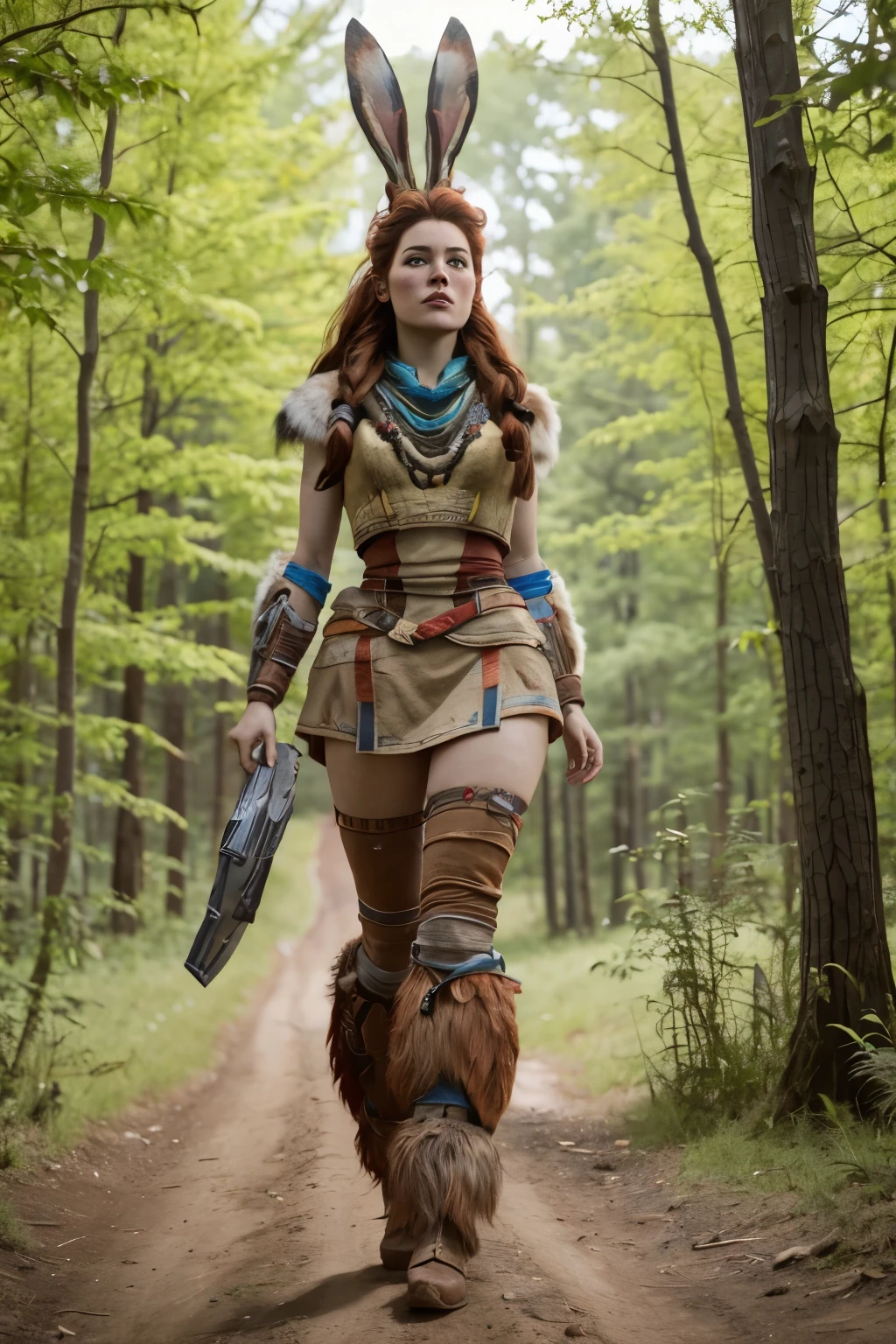 Aloy, redheadwear, Battle Bunny Miss Fortune, high resolution, perfectbody, super detaill, 8k, Overview, fully body, at a forest,