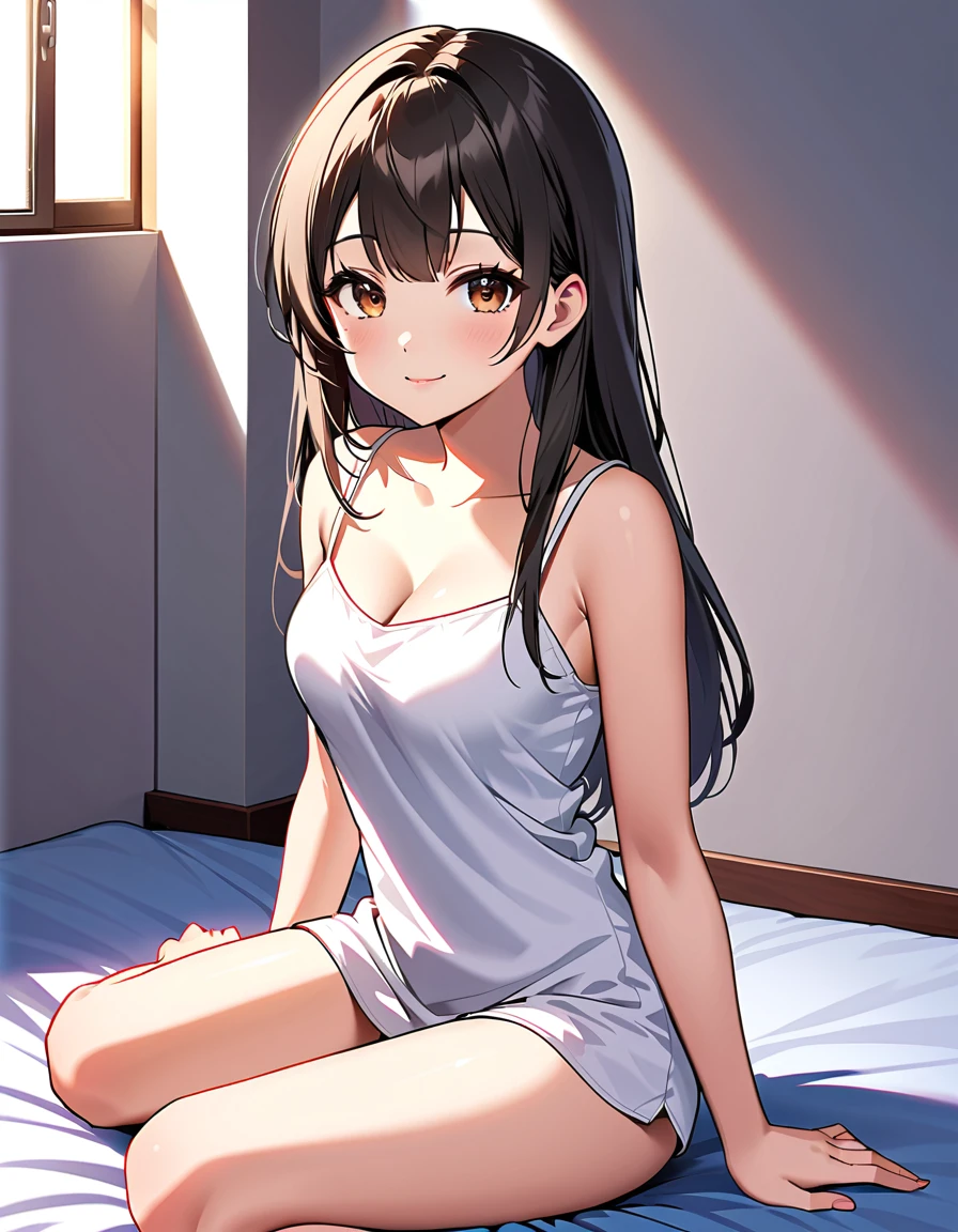 Girl, cute, kawaii, from chest to head, looking at you, smiling, straight hair, long hair, black hair, brown eyes, cleavage, sitting in a feminine pose, bedroom, morning, sunny, light streaming in, sunlight, camisole, (strap slip:1.5)